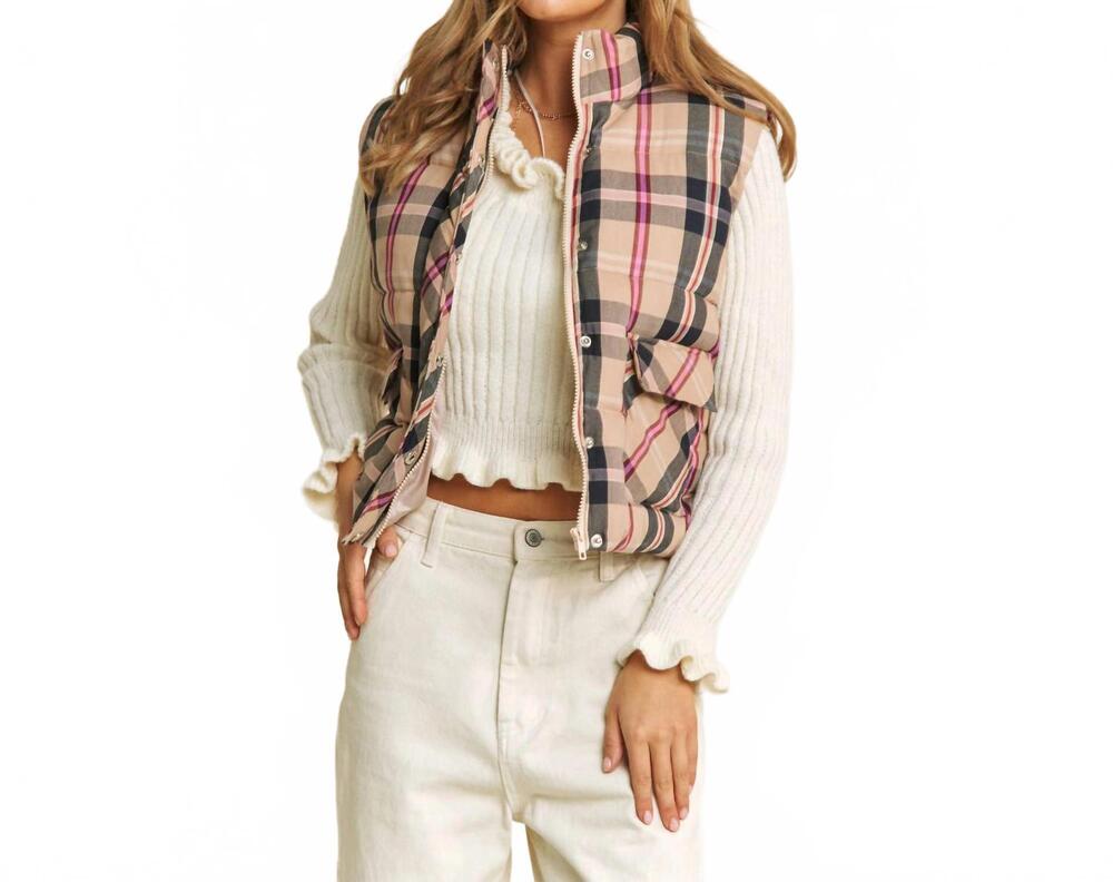 NEW SWEET GENERIS women's plaid crop puffer vest in taupe combo